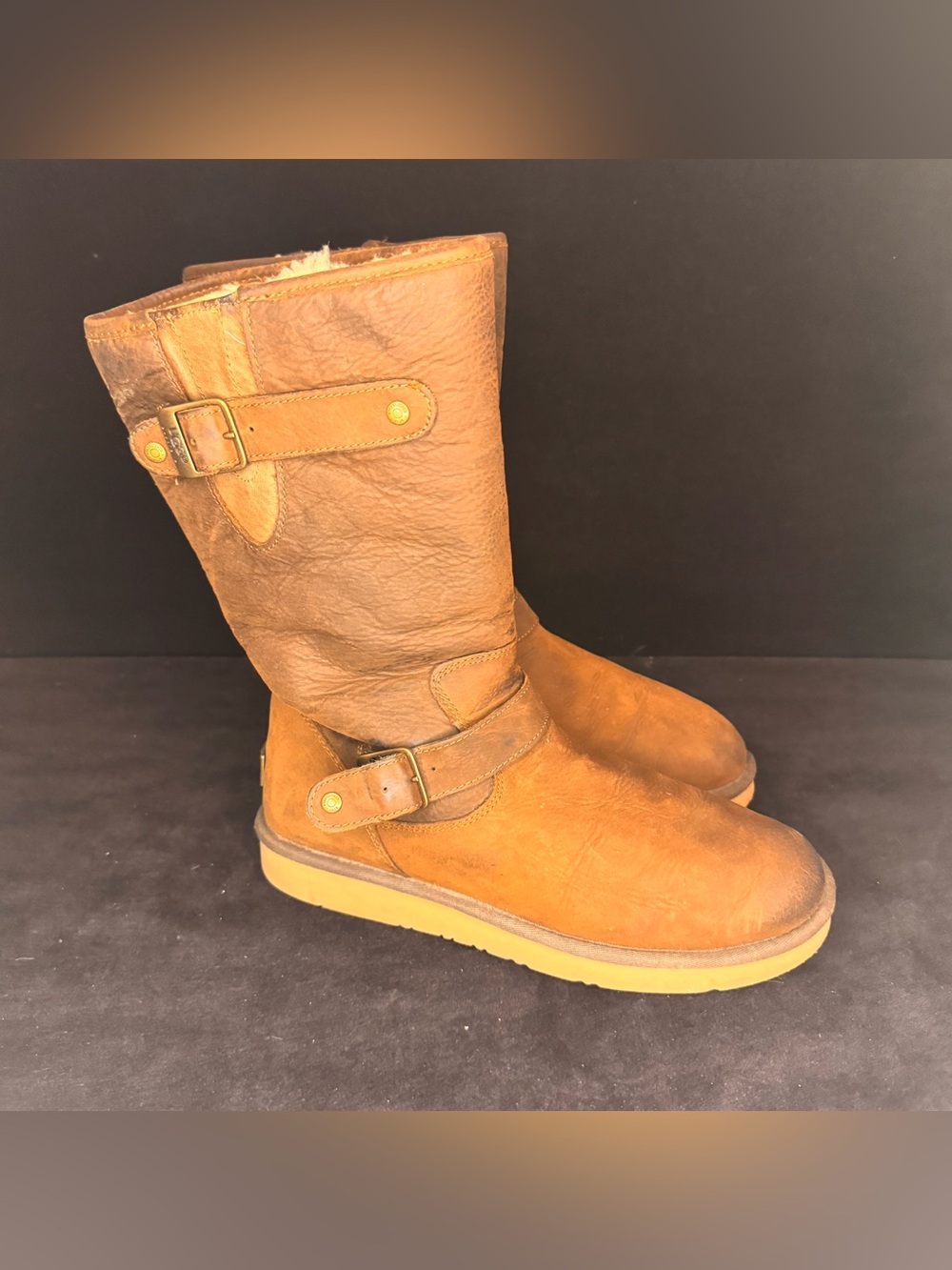 UGG Australia Sutter Brown Leather Shearling Lined Moto Boots - Women's 10